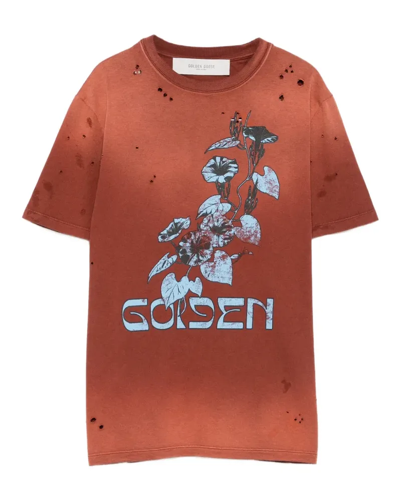 Golden Goose T-Shirt im Distressed-Look mit Blumenprint - Braun Braun