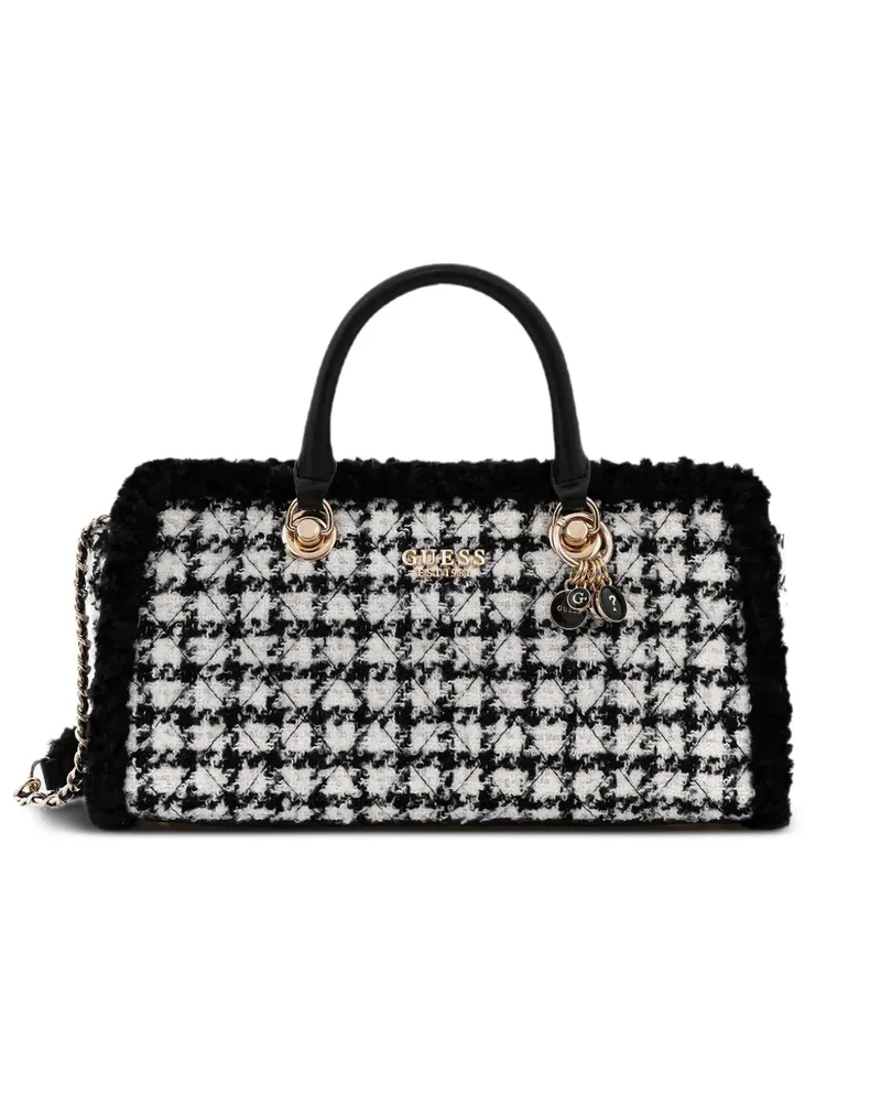 Guess Hahnentritt-Tote Bag mit Logo-Schild - Weiß Weiß