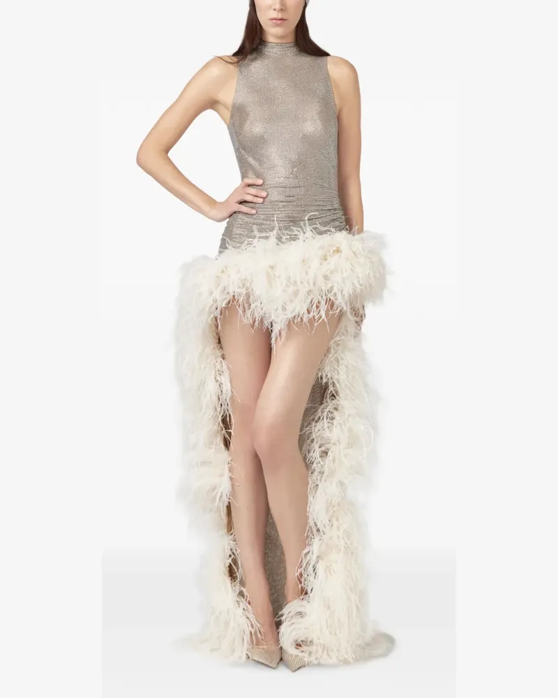 Giuseppe di Morabito Maxikleid mit Federn und Strass - Silber Silber