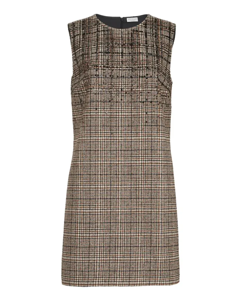 Brunello Cucinelli checked alpaca and wool mini dress with Dazzling degradé-embroidery - Nude Nude