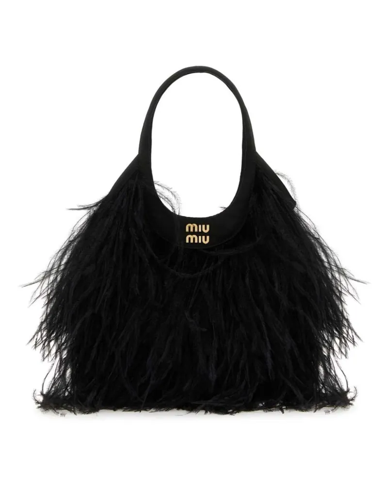 Miu Miu Satin-Handtasche mit Federdetail - Schwarz Schwarz