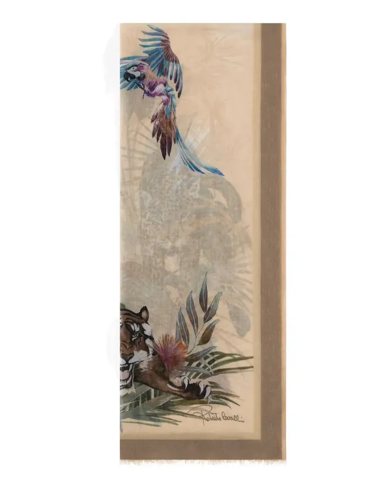Roberto Cavalli tiger-print fringed scarf - Nude Nude