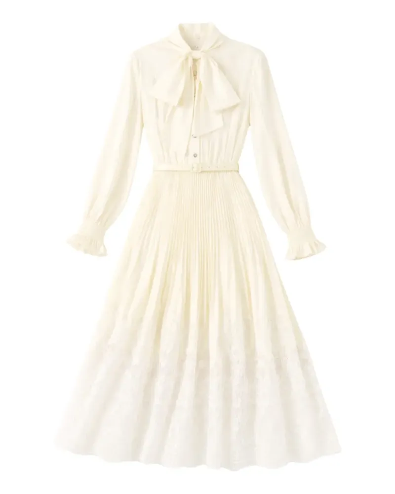 Self-Portrait bow-detaiil pleated midi dress - Nude Nude