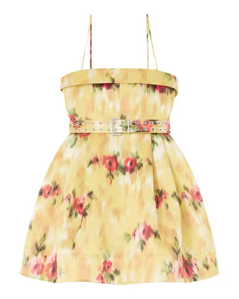 Ganni Geblümtes Midikleid mit Gürtel - Gelb Gelb