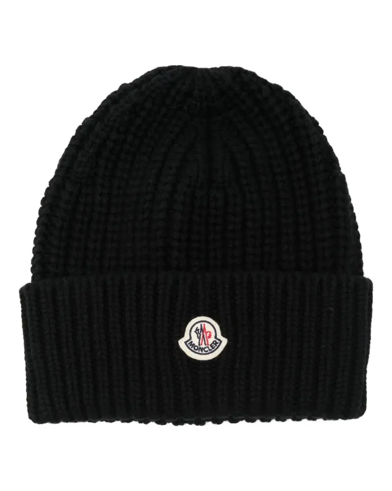 Moncler Gerippte Beanie mit Logo - Schwarz Schwarz