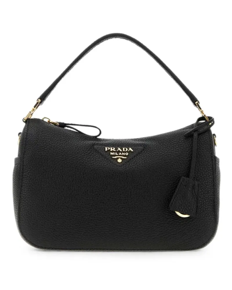 Prada small logo-plaque pebbled-leather tote bag - Schwarz Schwarz