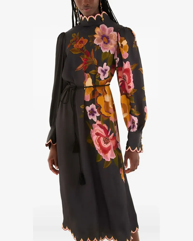 FARM Rio scalloped floral midi dress - Schwarz Schwarz