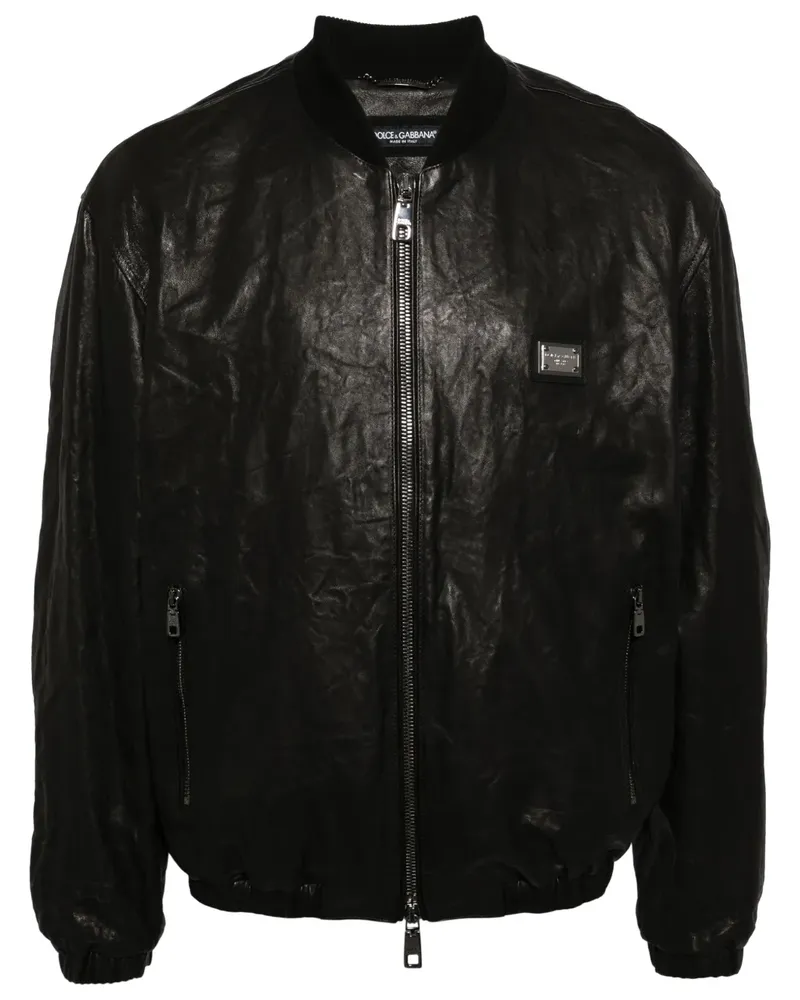 Dolce & Gabbana Leder-Bomberjacke in Knitteroptik - Schwarz Schwarz
