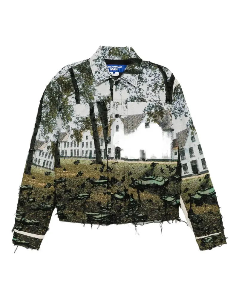 Junya Watanabe graphic-embroidered distressed jacket - Blau Blau