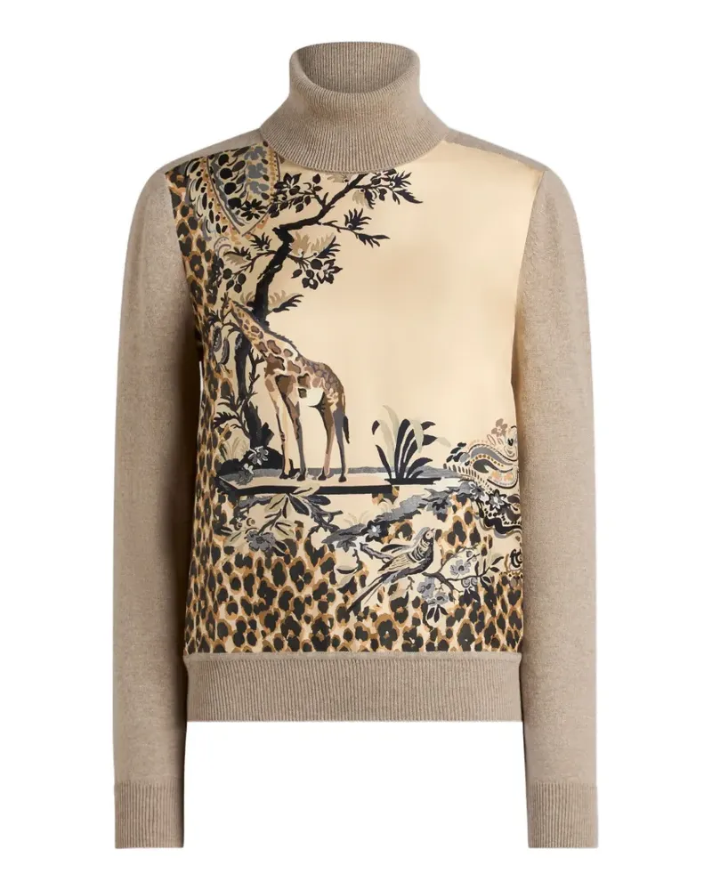 Etro wool-blend turtleneck sweater with placed animal and paisley print - Nude Nude