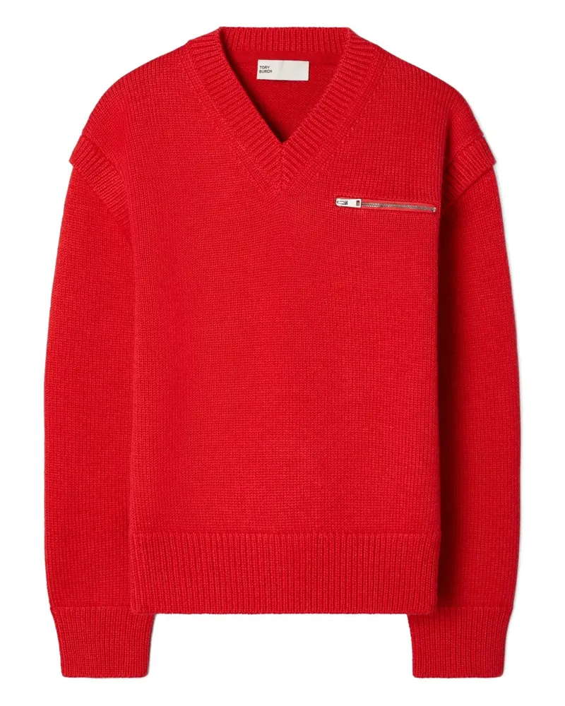 Tory Burch zip v-neck sweater - Rot Rot