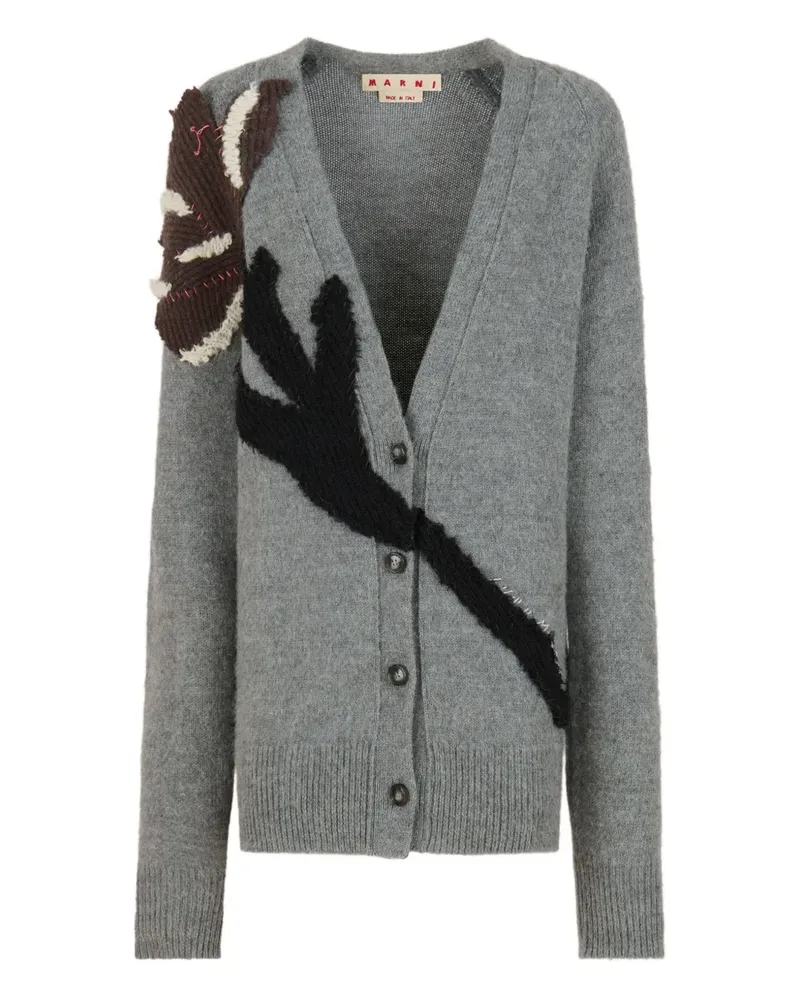 Marni V-Ausschnitt-Cardigan mit Blumenapplikation - Grau Grau