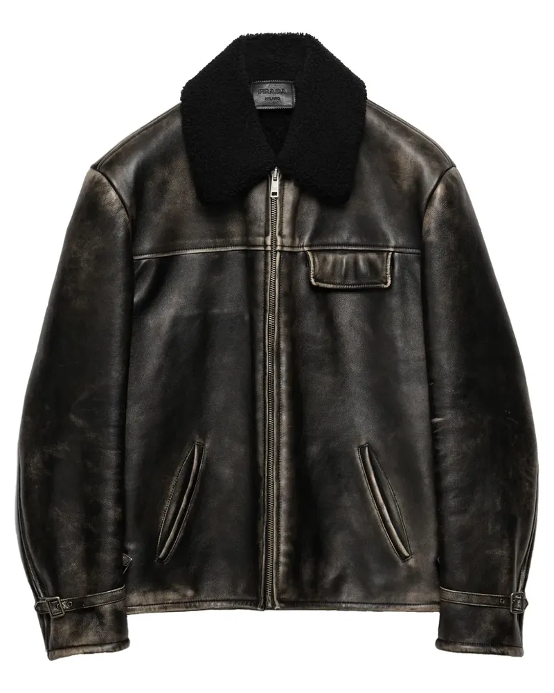 Prada Lederjacke mit Shearling-Kragen - Schwarz Schwarz