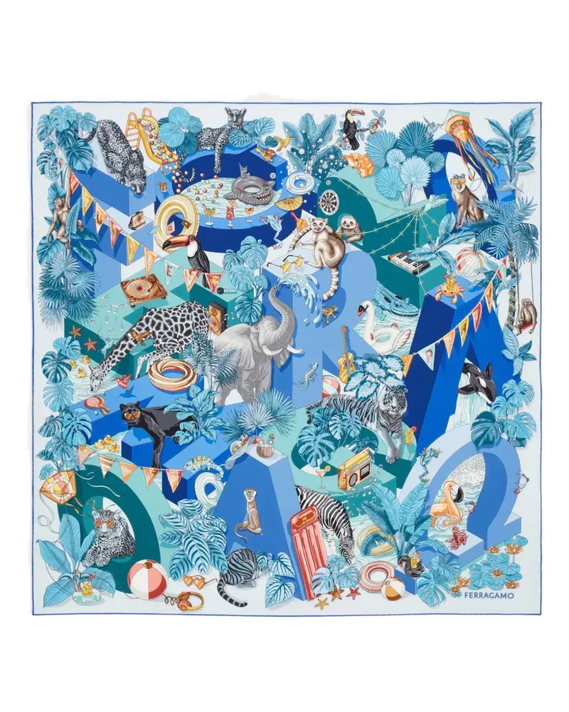 Ferragamo Jungle-Party print silk scarf - Blau Blau