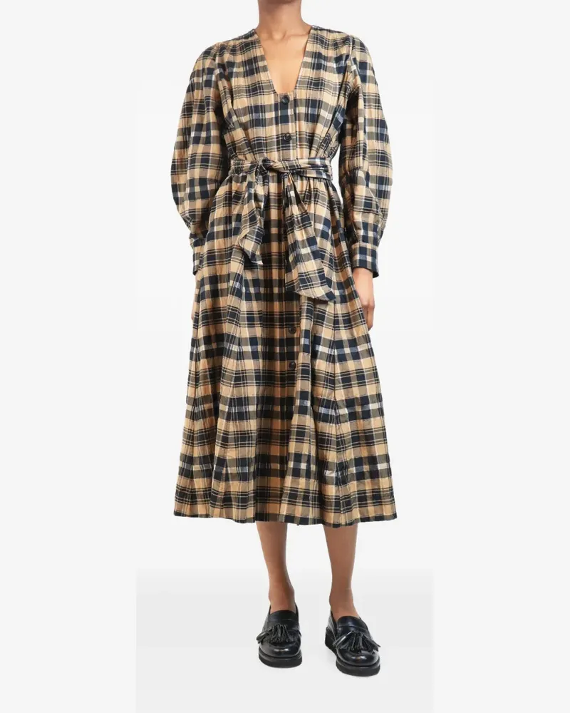 Ganni check-pattern seersucker midi dress - Braun Braun