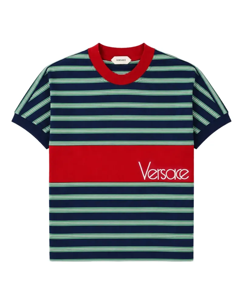 Versace Gestreiftes T-Shirt mit Logo-Stickerei - Blau Blau