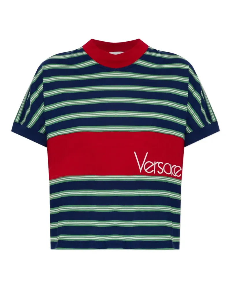 Versace Gestreiftes T-Shirt mit Logo-Stickerei - Blau Blau
