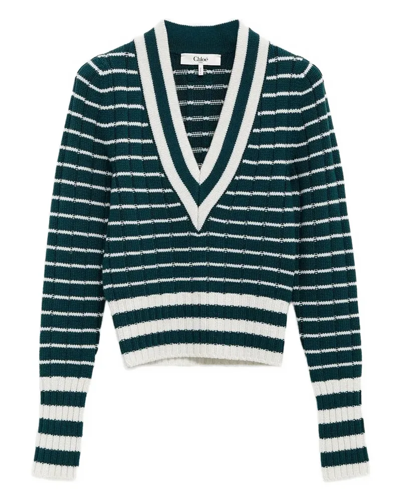 Chloé Gestreifter Pullover mit V-Ausschnitt - Grün Grün