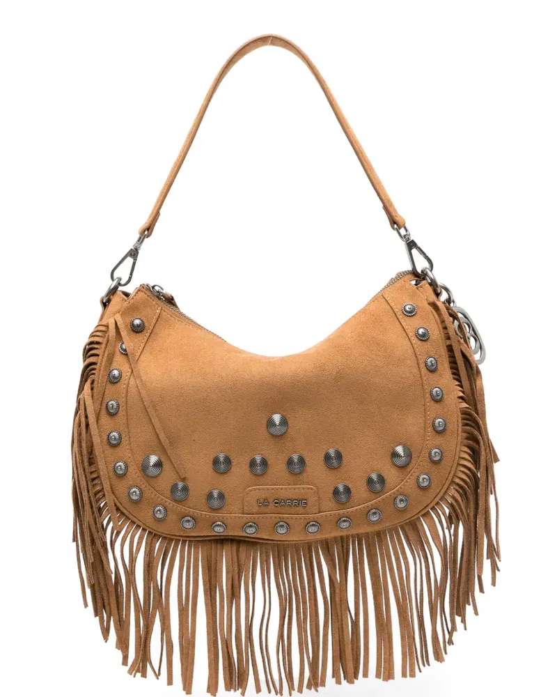 LA CARRIE Aztec fringe studded suede shoulder bag - Nude Nude