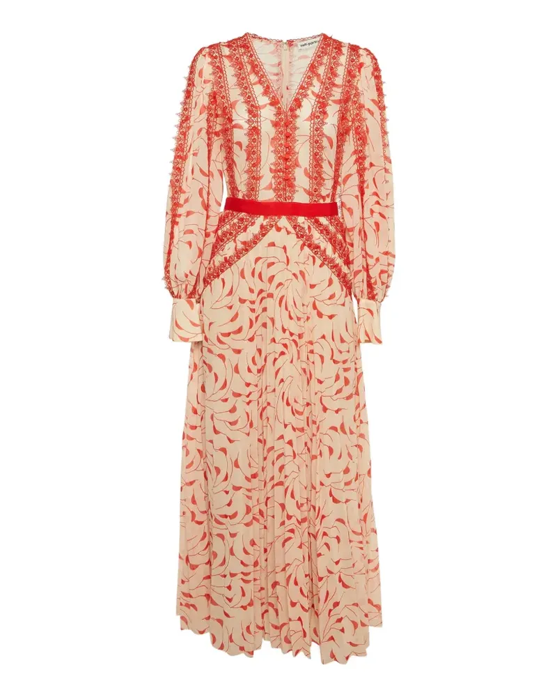 Self-Portrait guipure lace-trim plissé maxi dress - Nude Nude