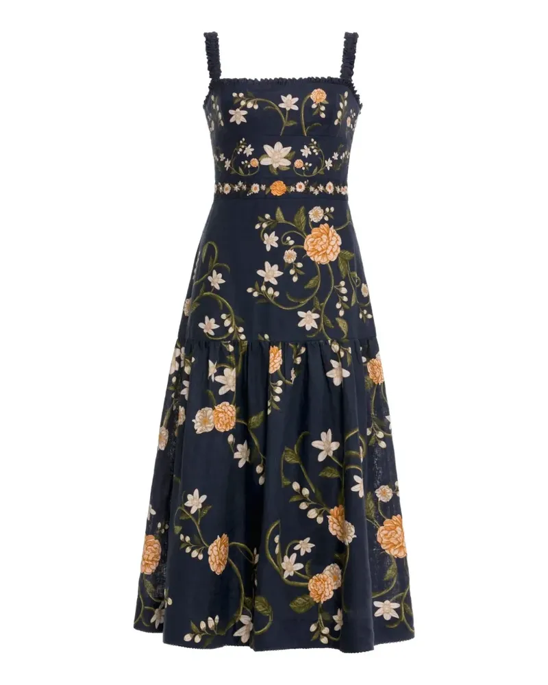 AGUA BENDITA Nispero Valle floral-print tiered linen midi dress - Blau Blau