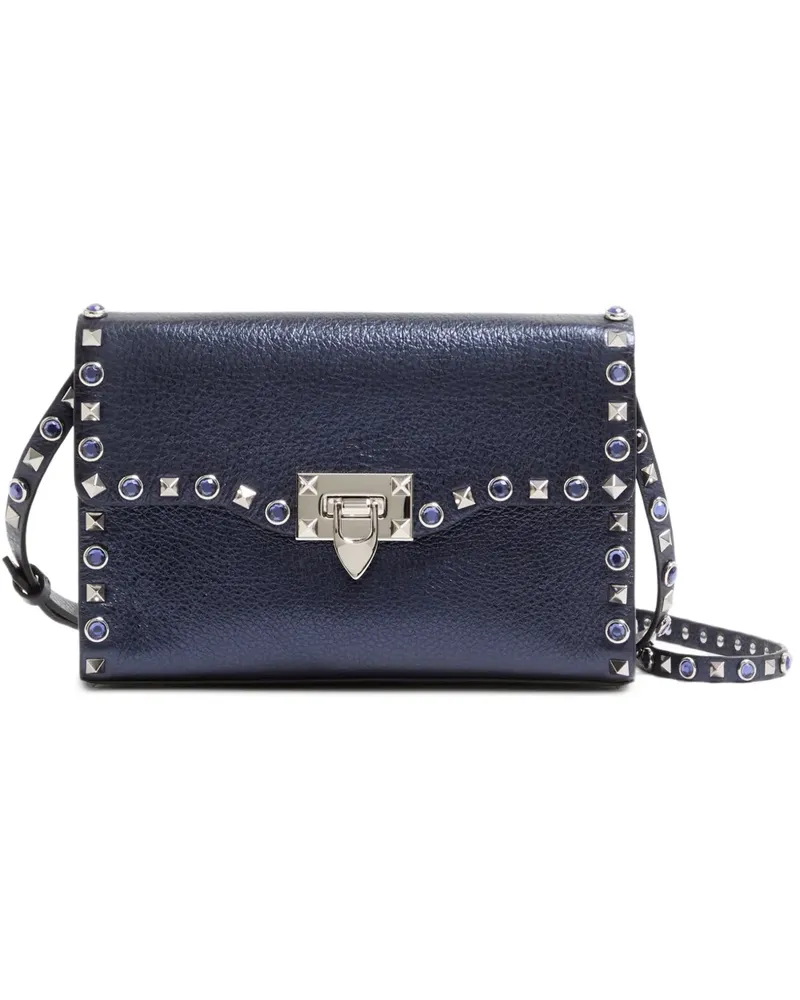 Valentino Garavani Kleine Rockstud Schultertasche aus laminiertem Kalbsleder mit Cabochon - Blau Blau