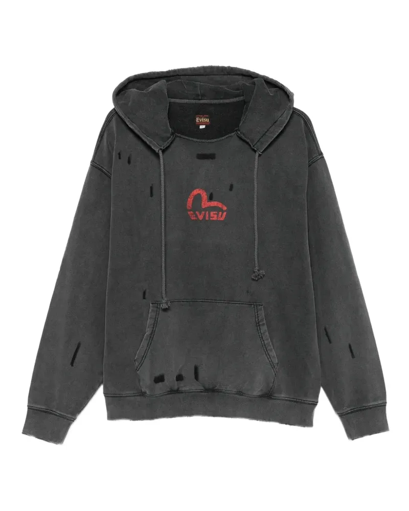 Evisu distressed logo-print hoodie - Schwarz Schwarz