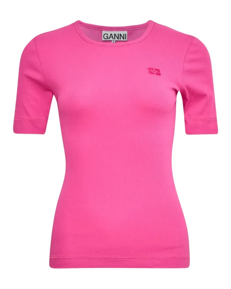 Ganni ribbed logo-embroidered T-shirt - Rosa Rosa