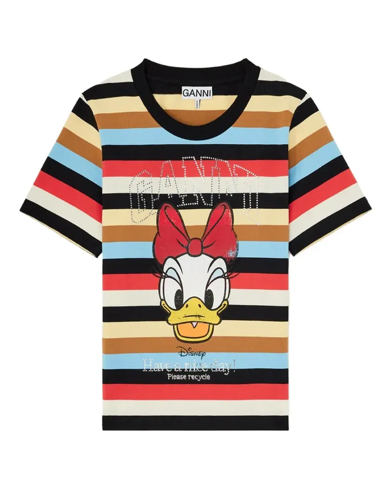 Ganni Gestreiftes T-Shirt mit grafischem Print - Schwarz Schwarz