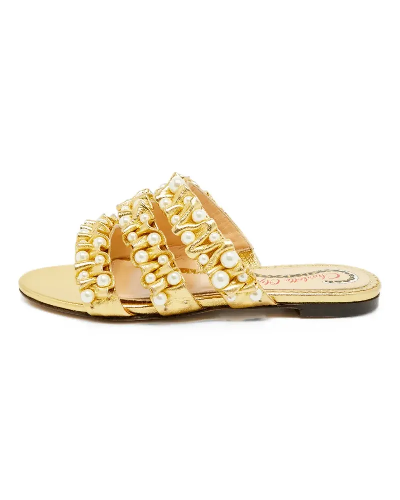 Charlotte Olympia pearl-embellished pleated flat sandals - Gold Gold