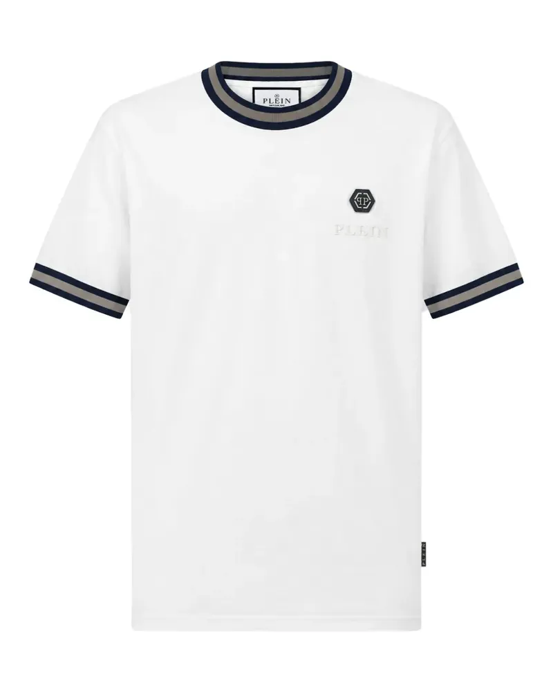 Philipp Plein Gestreiftes T-Shirt mit Logo-Schild - Weiß Weiß