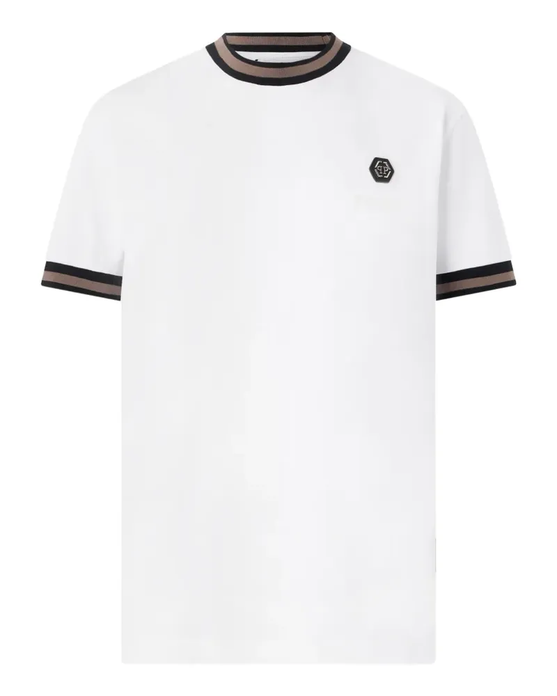 Philipp Plein Gestreiftes T-Shirt mit Logo-Schild - Weiß Weiß