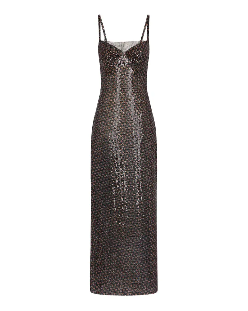 Paco Rabanne Langes Kleid aus schwarzem Mesh mit Liberty-Print Schwarz