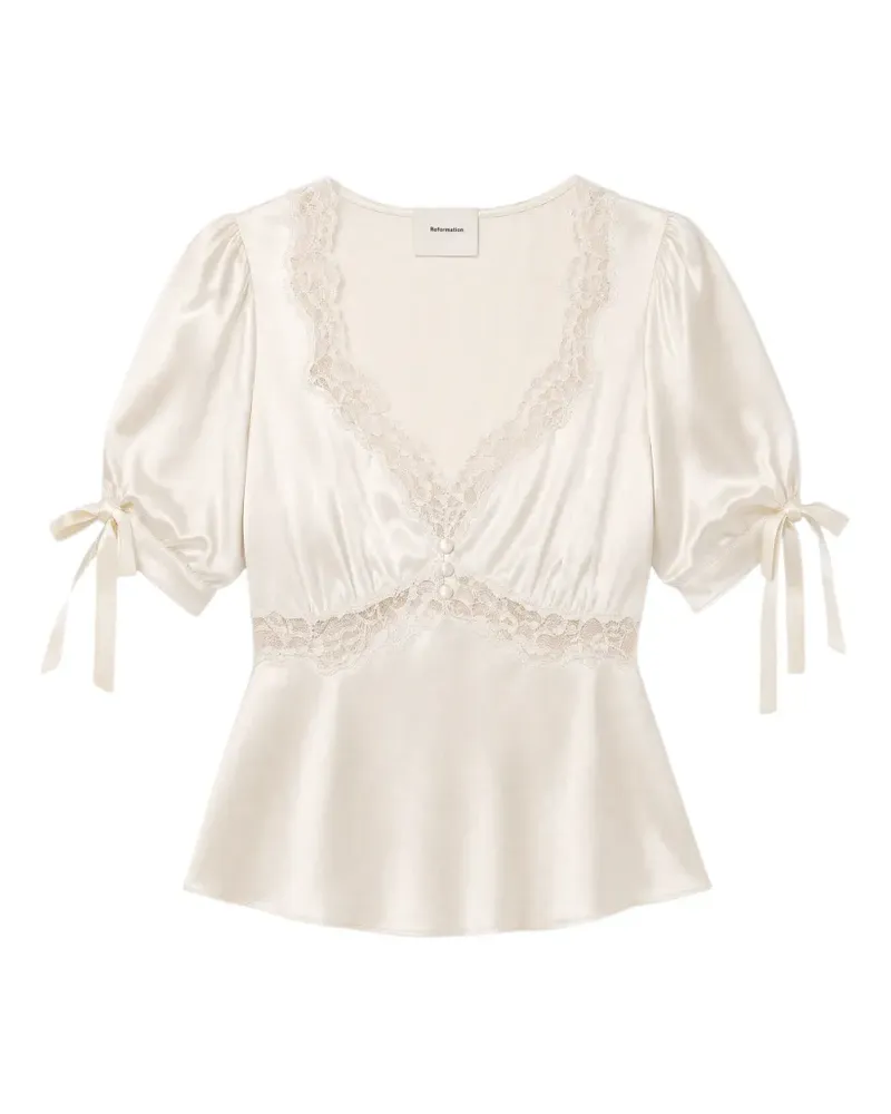 Reformation Dolly Seidenbluse mit Spitzenbesatz - Nude Nude