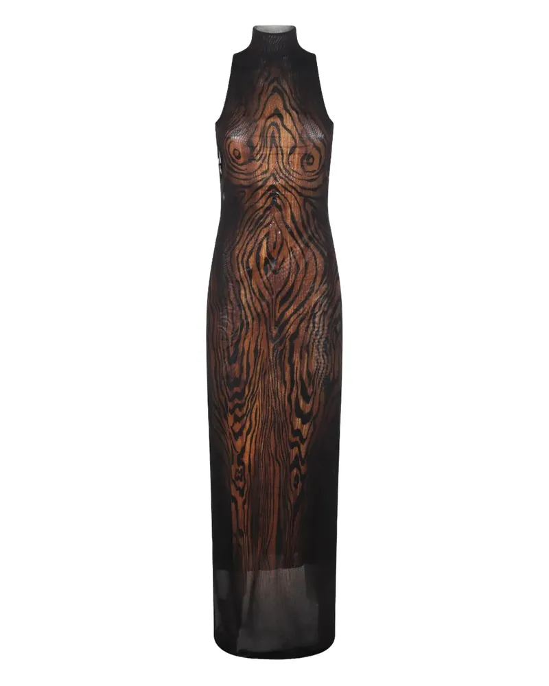Jean Paul Gaultier Stehkragen-Kleid mit Holz-Print - Schwarz Schwarz