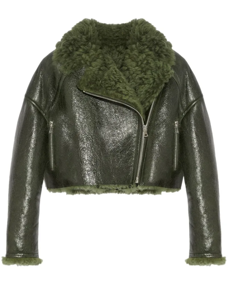 Yves Salomon Cropped-Bikerjacke aus Lackmerino - Grün Grün