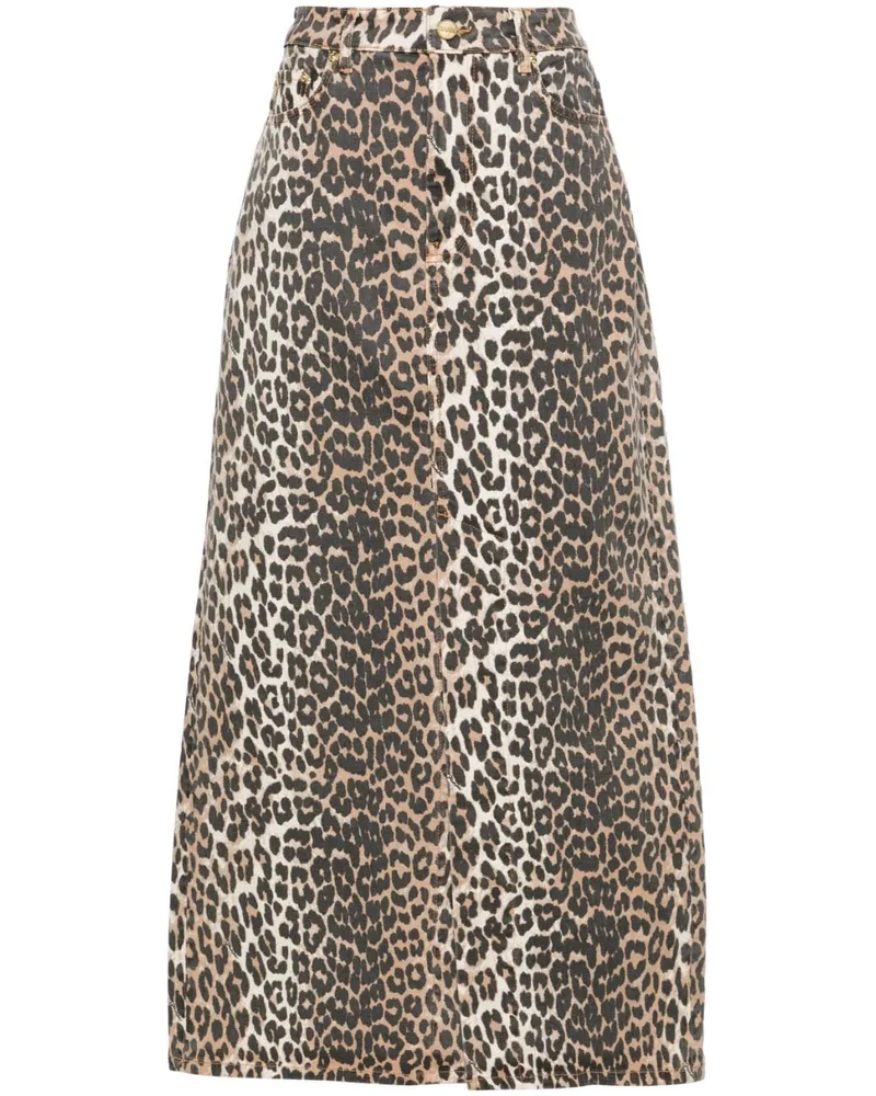 Ganni Hoch sitzender Jeans-Midirock mit Leo-Print - Nude Nude