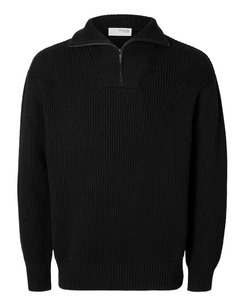 Selected Gerippter Pullover mit Reißverschluss - Schwarz Schwarz