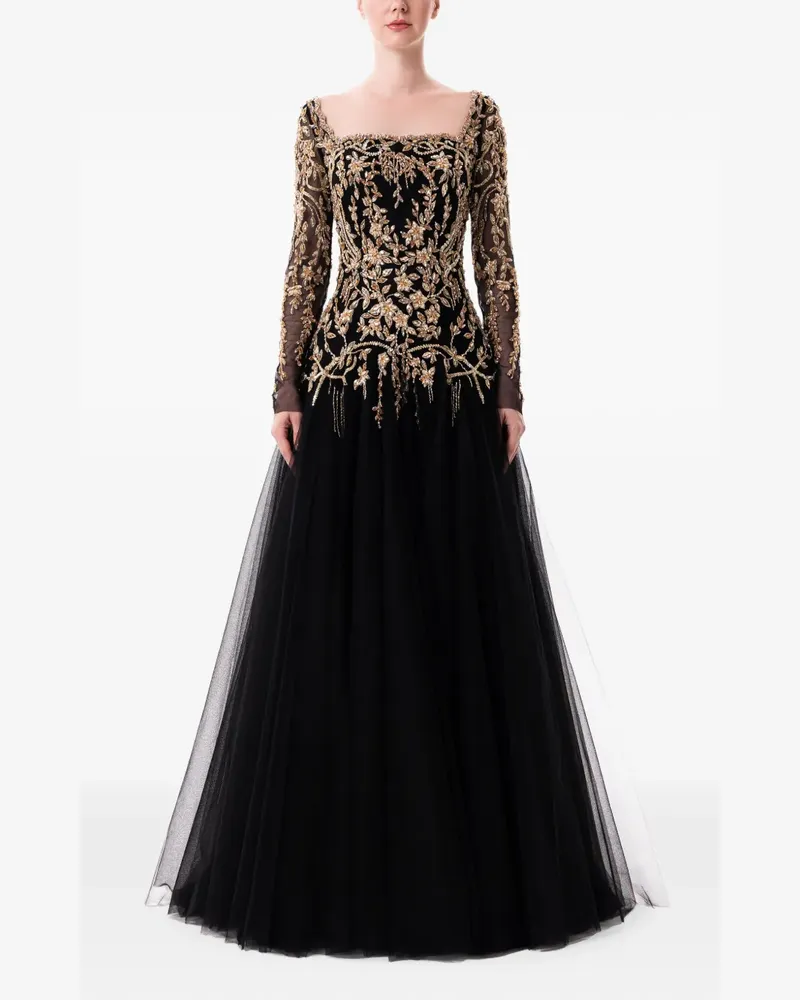 Dina Melwani Verziertes Maxikleid aus Tüll - Schwarz Schwarz