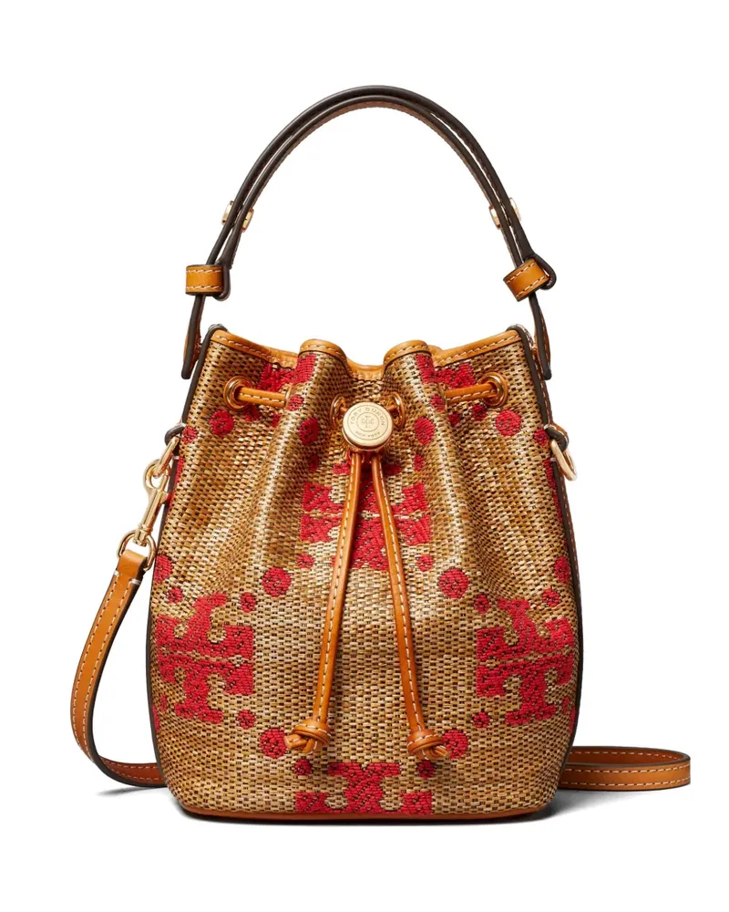 Tory Burch T Monogram straw mini bucket bag - Nude Nude