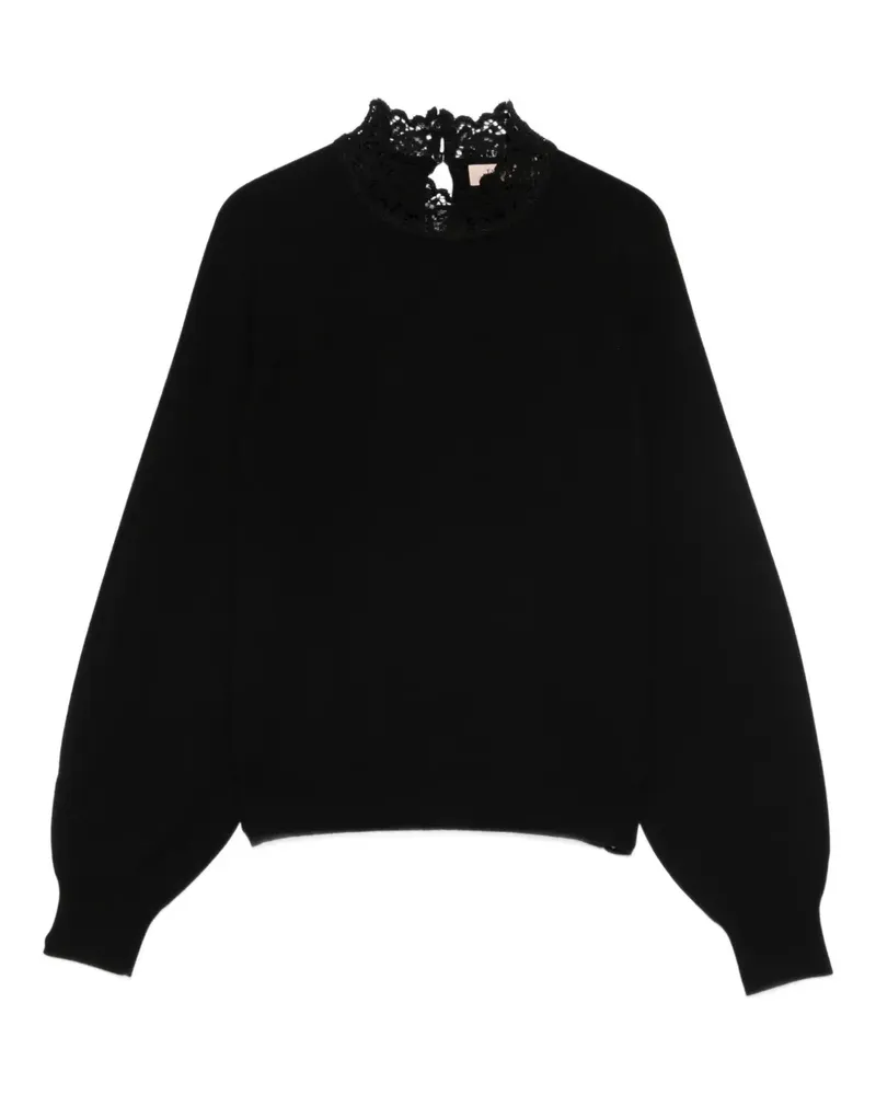 Twin-Set Stehkragen-Pullover mit Spitzeneinsatz - Schwarz Schwarz