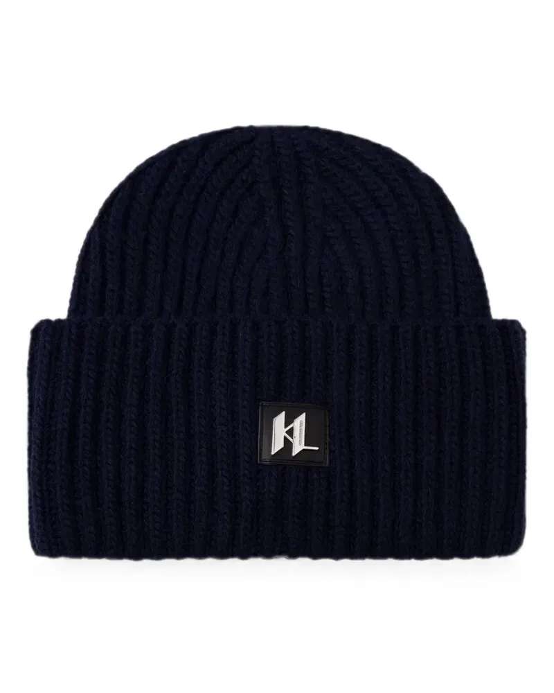 Karl Lagerfeld logo-plaque ribbed-knit beanie hat - Blau Blau