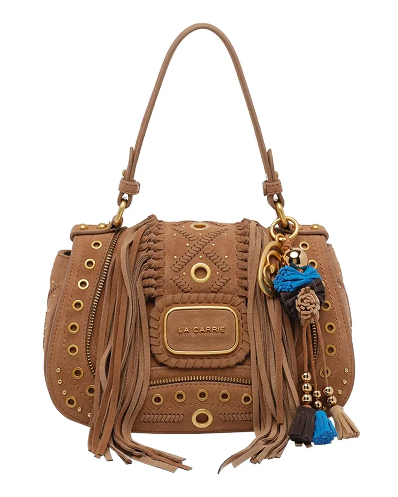 LA CARRIE Jungle Eyelets fringe-trimmed clutch bag - Braun Braun