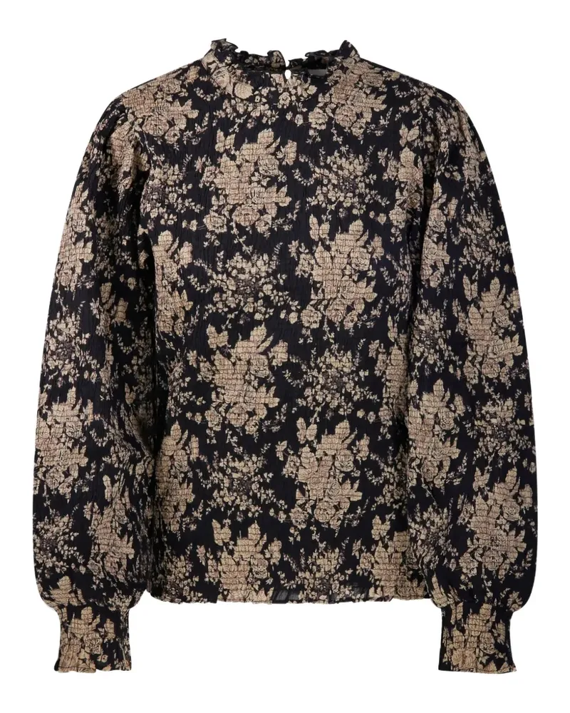 Antik Batik Gesmokte Bluse mit Blumenprint - Schwarz Schwarz