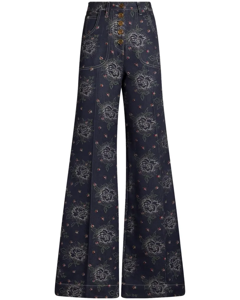 Etro Schlagjeans mit Blumenjacquard Blau