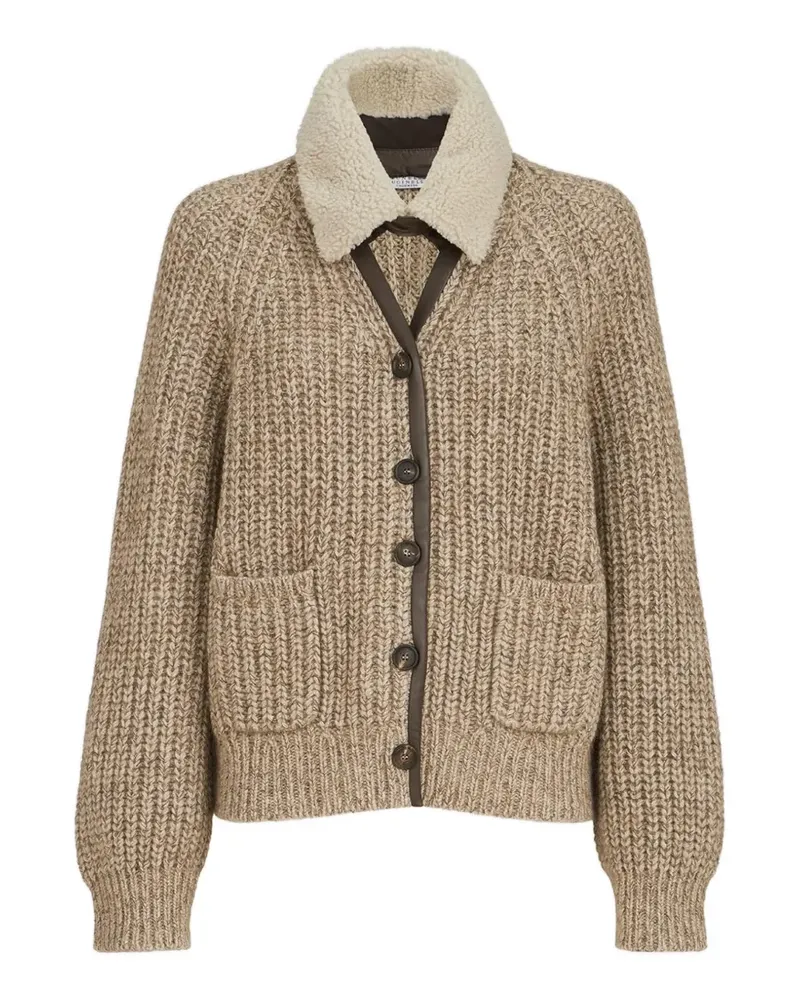 Brunello Cucinelli Rippstrick-Cardigan mit Shearling-Kragen - Nude Nude