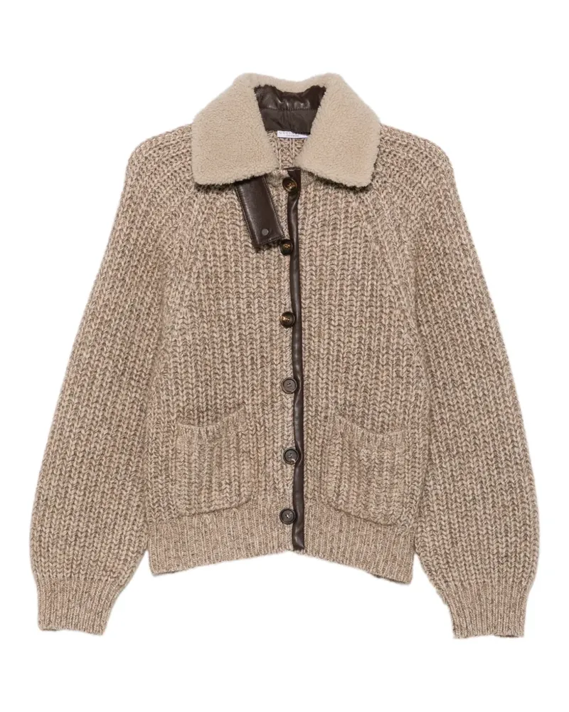 Brunello Cucinelli shearling-collar ribbed-knit cardigan - Nude Nude