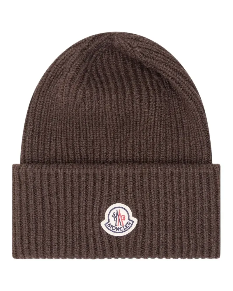 Moncler Gerippte Beanie mit Logo-Patch - Braun Braun
