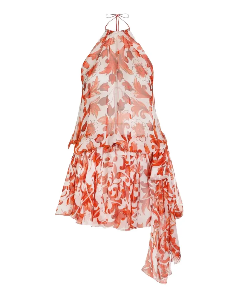 Dolce & Gabbana Kurzes Chiffonkleid mit Majolica-Print - Weiß Weiß