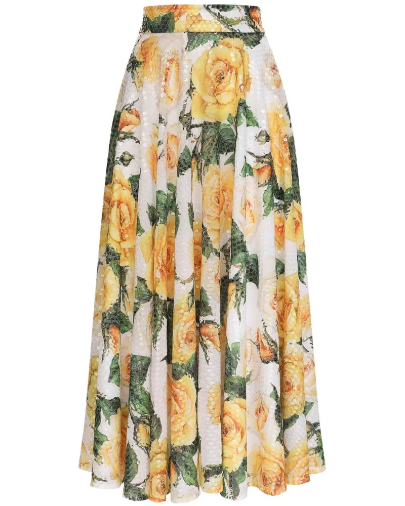 Dolce & Gabbana Paillettenverzierter Rock mit Rosen-Print - Weiß Weiß